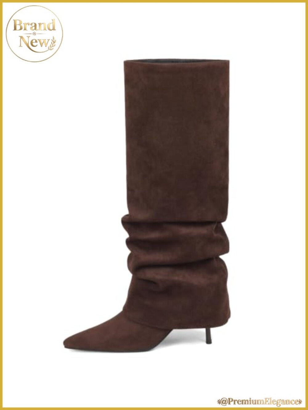 Wide Calf Fold Over Slouch Knee High Boots Pointed Toe Stiletto Heel